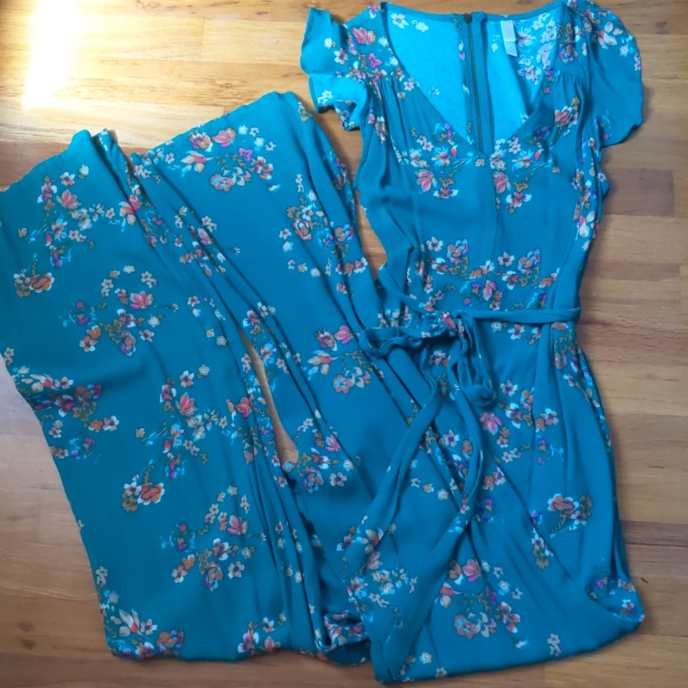 Teal Flowered Jumpsuit XS